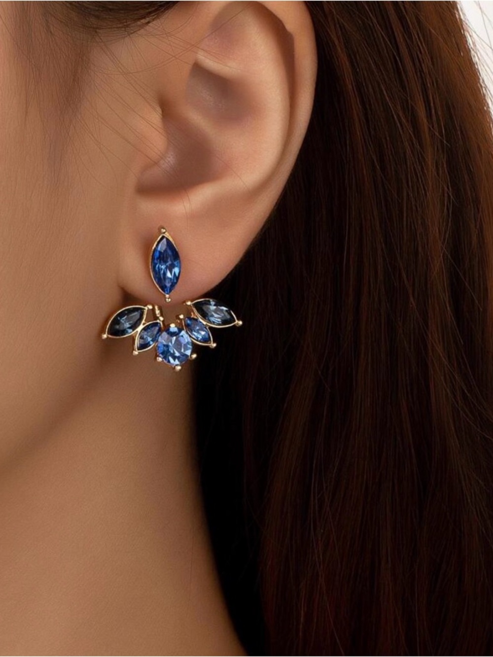 Blue Crystal Gold-Trim Stud Earrings